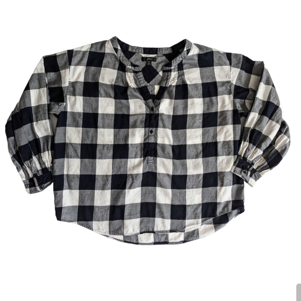 J. Crew Buffalo Plaid Flannel Popover "Beverly" Blue and White XL 100% cotton